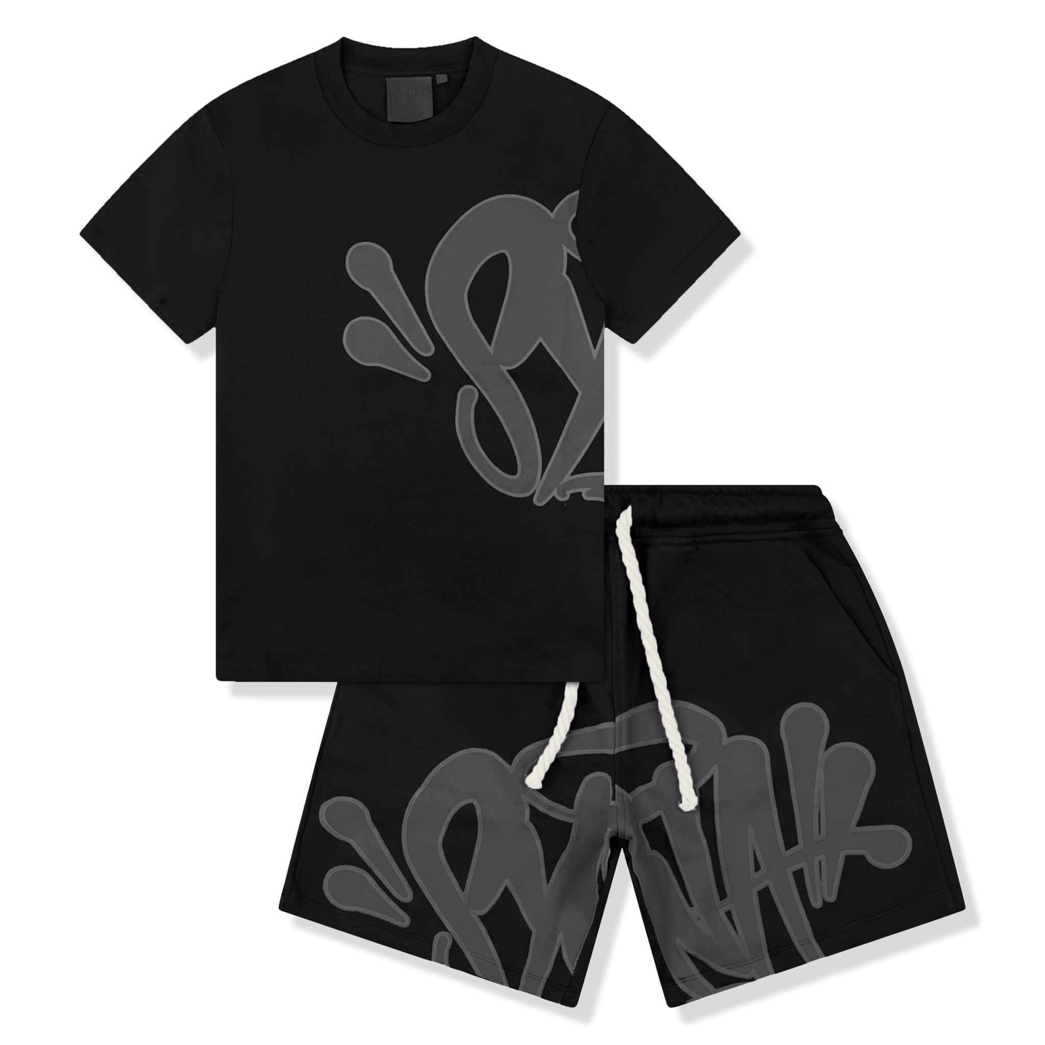 Front view of syna world logo black t-shirt & shorts syna-sht-blk